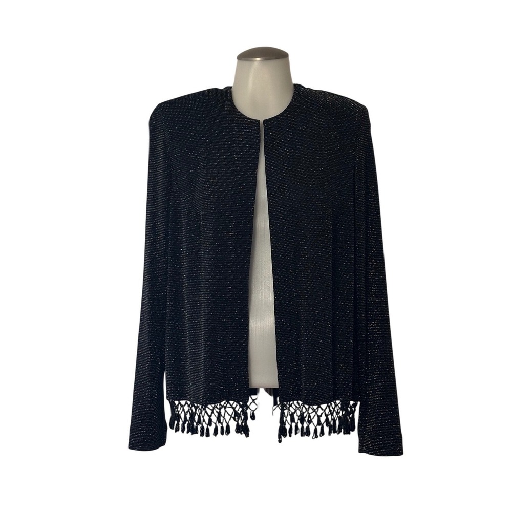 R&M Richards Open Jacket Women 10 Black Silver Sparkle Beaded Fringe Good